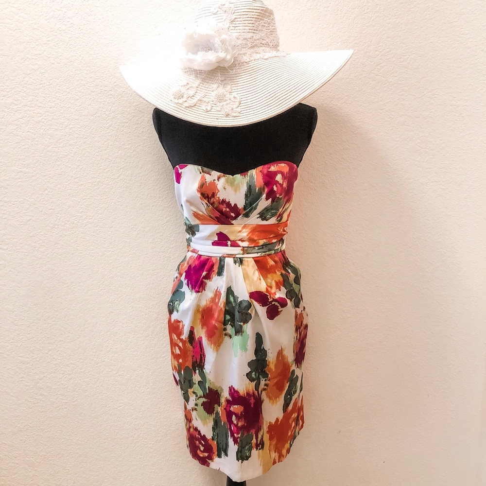 Satin Floral Tube Top Dress Back Tie & Pockets